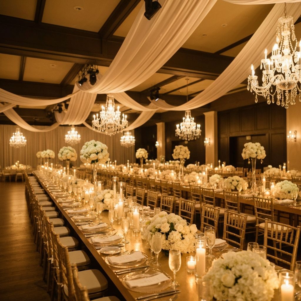 Elegant luxury event venue with golden lighting and floral arrangements