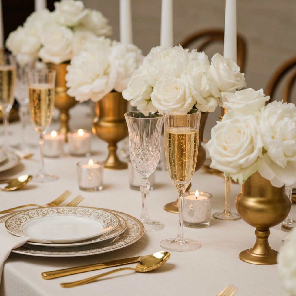 Luxury wedding table setting with gold vases and crystal glassware