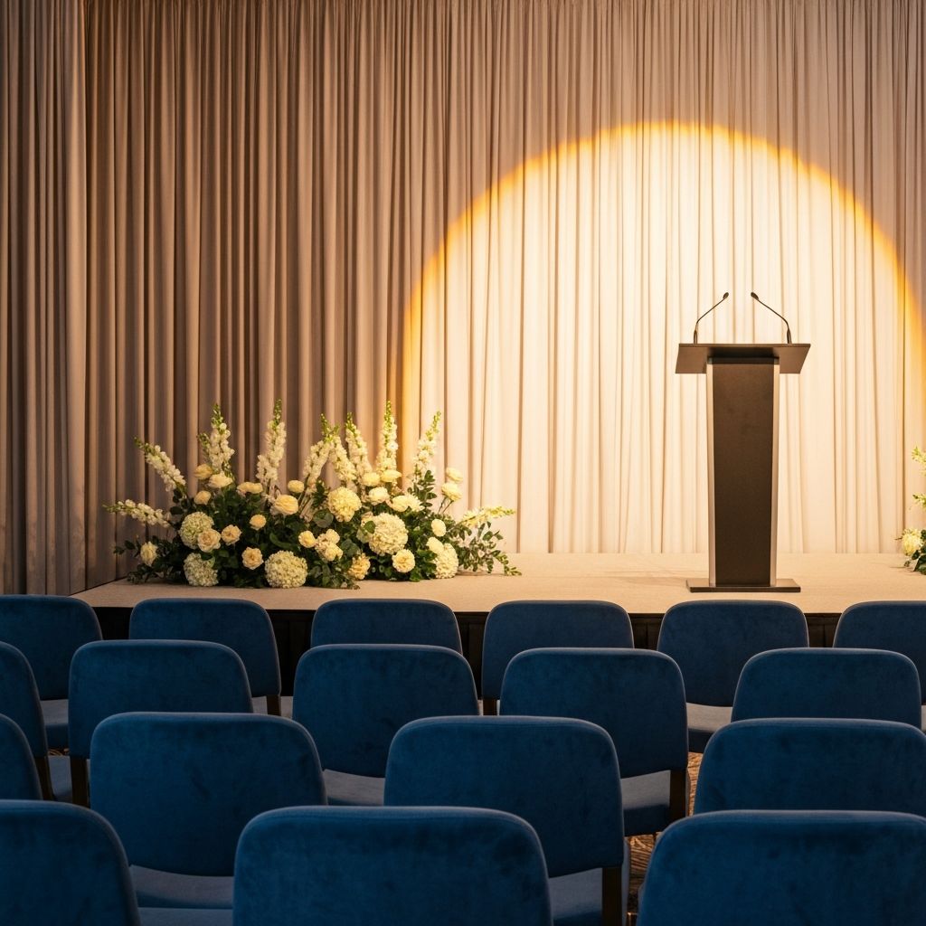 Elegant conference stage with minimalist design and warm spotlights